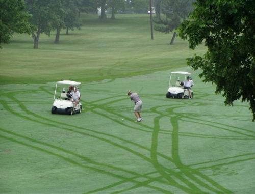 A group of golfers play the course at Winchester Country Club on a dewy morning